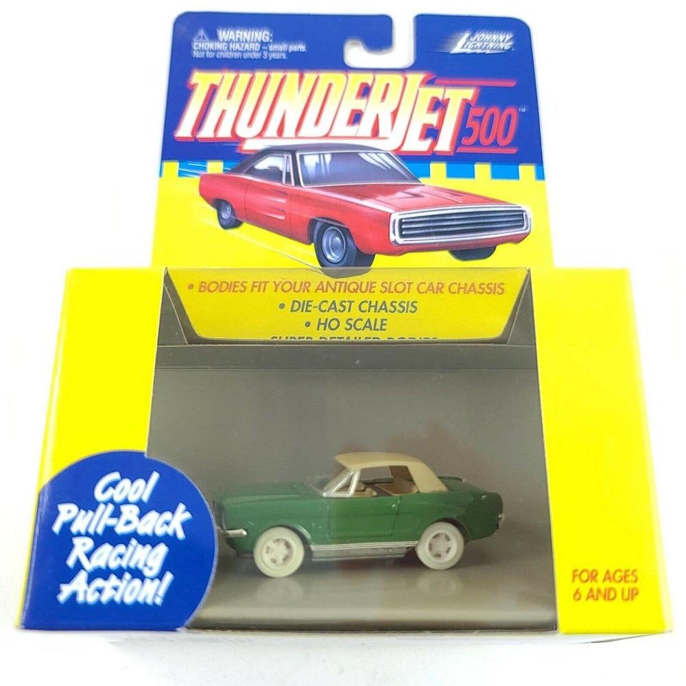 Johnny Lightning Thunderjet 500 WHITE Lightning Ford Mustang Green Pull Back